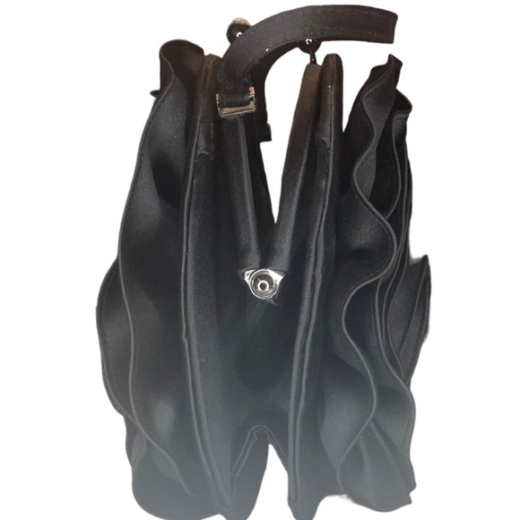 Franchi Evening Bag Black Satin Round Flower Shape. Top Handle. - Picture 3 of 7